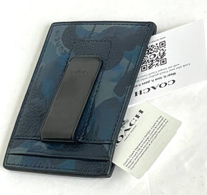 Coach Money Clip Card Case Mens Camo Blue Leather Slim Wallet Compact CC138