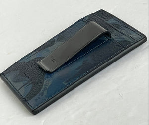 Coach Money Clip Card Case Mens Camo Blue Leather Slim Wallet Compact CC138