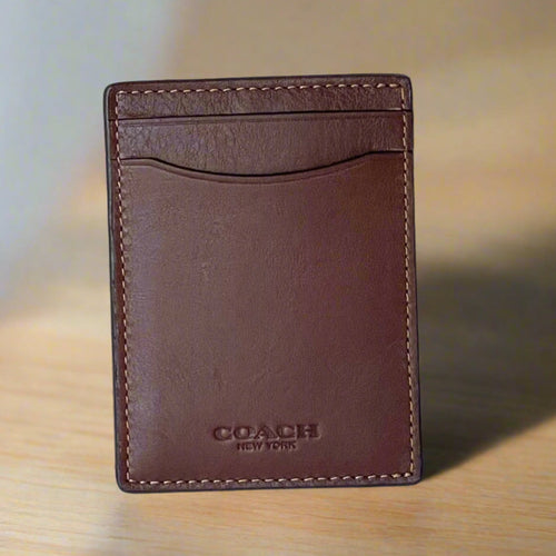Coach Money Clip Card Case Mens Dark Saddle Leather C6702 Wallet Compact