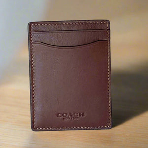 Coach Money Clip Card Case Mens Dark Saddle Leather C6702 Wallet Compact
