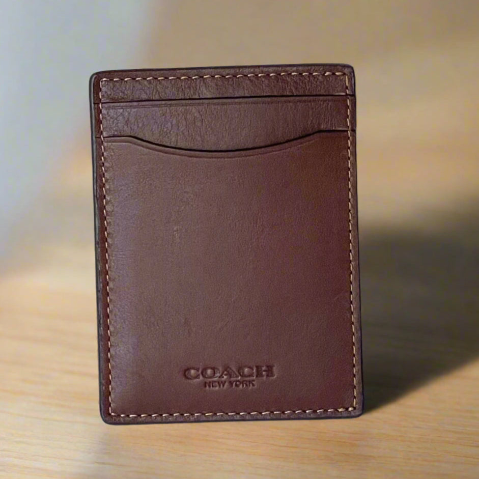 Coach Money Clip Card Case Mens Dark Saddle Leather C6702 Wallet Compact
