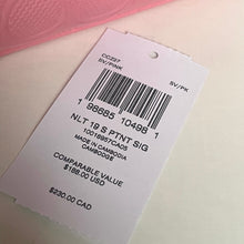 Load image into Gallery viewer, Product tag with barcode and text on a light pink background