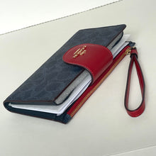 Load image into Gallery viewer, Blue and red wallet with a gold zipper on a white background