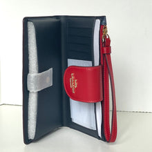Load image into Gallery viewer, Black and red wallet with a strap on a white background
