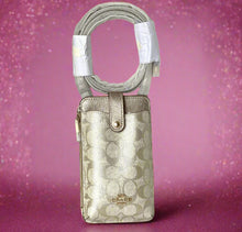 Load image into Gallery viewer, Coach Phone Crossbody Bag Signature Canvas Champagne Gold Leather CW401