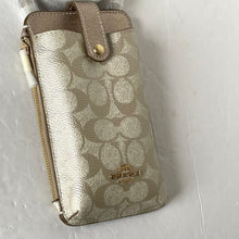 Load image into Gallery viewer, Coach Phone Crossbody Bag Signature Canvas Champagne Gold Leather CW401