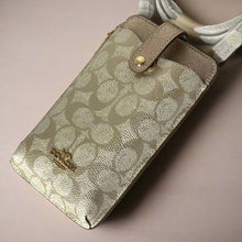 Load image into Gallery viewer, Coach Phone Crossbody Bag Signature Canvas Champagne Gold Leather CW401