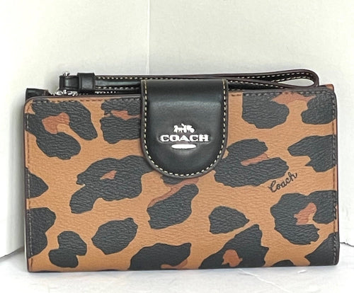 Coach Phone Wallet CC869 Leopard Print Wristlet Signature Canvas Interior Brown