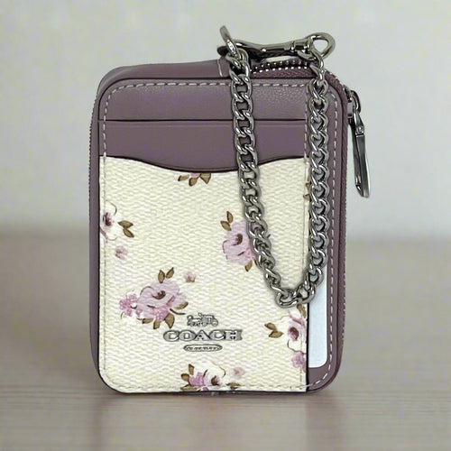 Coach Pink Floral Zip Card Case CAU43 ID Wallet Lilac Leather Chain Strap ORGPKG