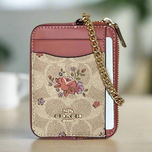 Coach Pink Floral Zip Card Case CAU45 ID Wallet Beige Leather Chain Strap ORGPKG