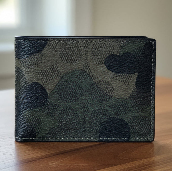 Camouflage-patterned wallet on a white background