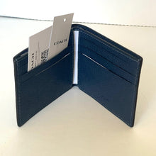 Load image into Gallery viewer, Blue leather wallet with a Coach card on a white background
