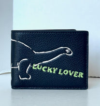 Load image into Gallery viewer, Black leather wallet with &#39;Lucky Lover&#39; embroidery on a light background