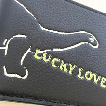 Load image into Gallery viewer, Black leather pouch with &#39;Lucky Love&#39; branding and panther design.