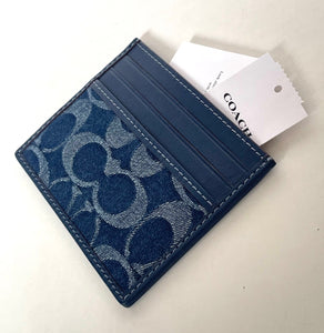 Coach Slim Id Card Case Signature Canvas CW366 Blue Denim Leather Wallet Unisex