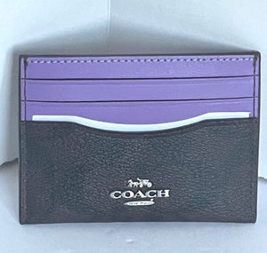 Coach Slim Id Card Case Wallet CH415 Leather Signature Canvas Purple Brown