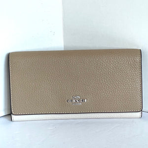 Coach Slim Trifold Wallet Womens Sandy Beige Leather Colorblock Snap