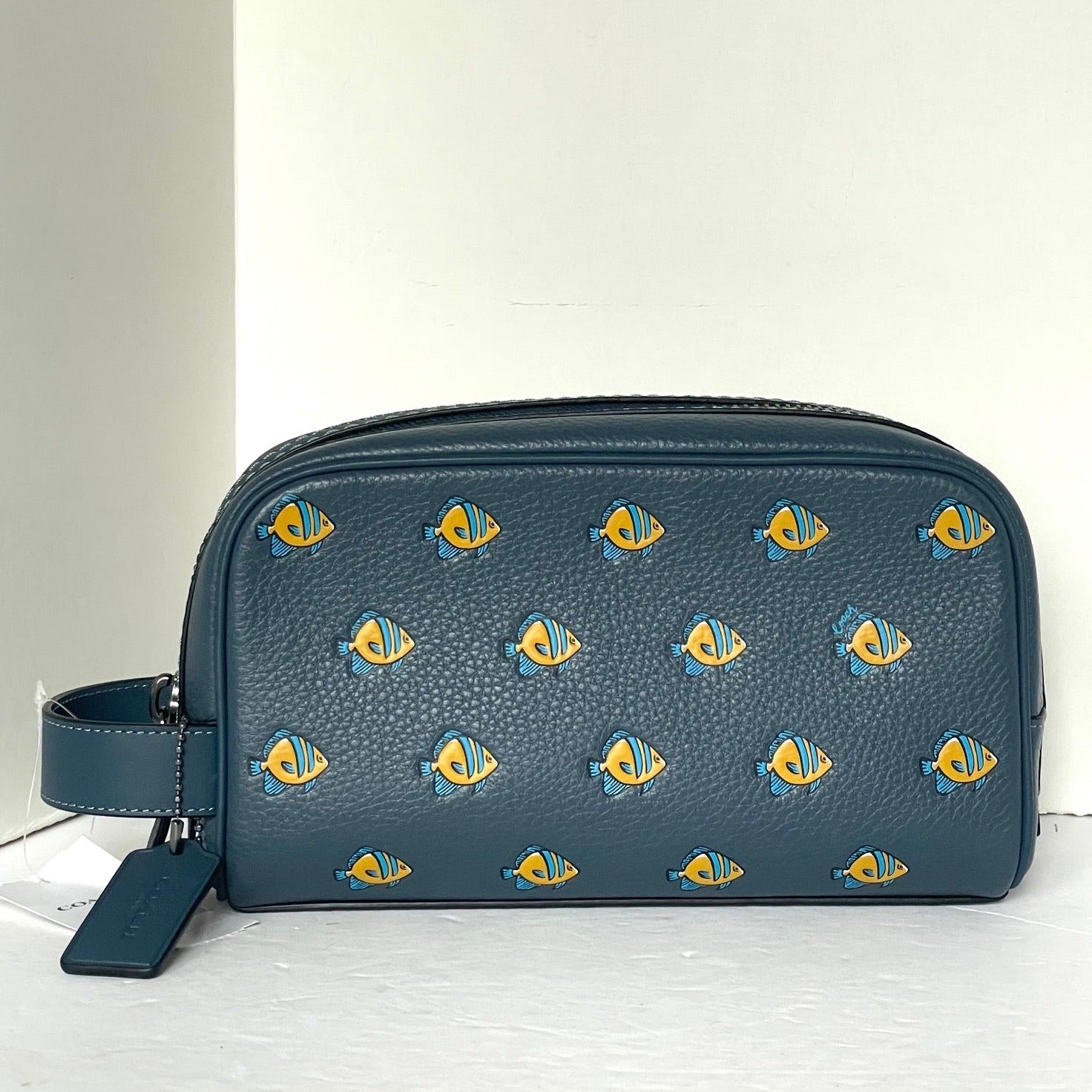 coach travel toiletry bag Coach Small Travel Kit Blue Pebbled Leather Fish Print Dopp Bag Toilet – Luxe Fashion Finds