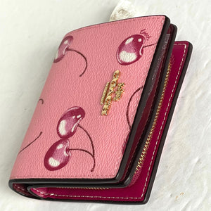 Coach Snap Wallet Cherry Print Coated Canvas Leather Pink Mini ID Billfold