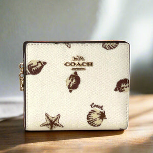 Coach Snap Wallet ID Shell Print CBO73 White Brown Small Billfold ORGPKG Charm
