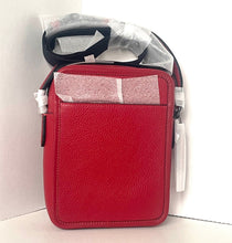 Load image into Gallery viewer, Red leather crossbody bag with a clear plastic cover on a white background