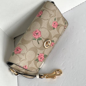 Coach Sunglass Case Floral Beige Turnlock Signature Canvas Leather Bag Clip CU284