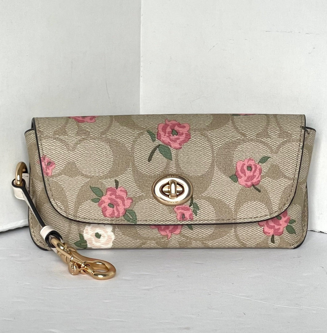 Coach Sunglass Case Floral Beige Turnlock Signature Canvas Leather Bag Clip CU284