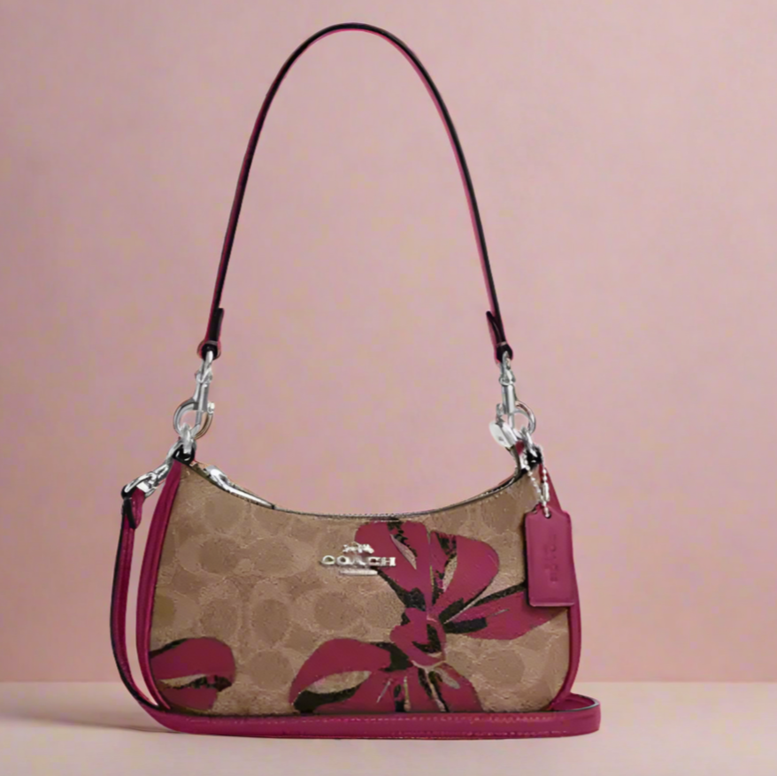 Coach Teri Mini Crossbody Bag Brown Signature Canvas Red Bow Print