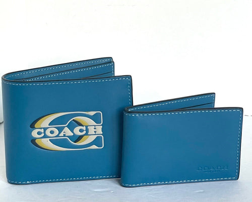 Coach Wallet 3 In 1 Mens CH084 Large Blue Leather Billfold ID 2 Piece Removable