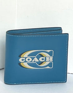 Coach Wallet 3 In 1 Mens CH084 Large Blue Leather Billfold ID 2 Piece Removable