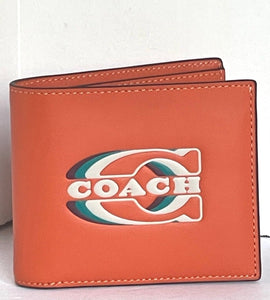 Coach Wallet 3 In 1 Mens CH084 Large Orange Leather Billfold ID 2 Piece Removable