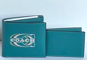 Coach Wallet 3 In 1 Mens CH084 Large Teal Blue Leather Billfold ID 2 Piece Removable