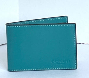 Coach Wallet 3 In 1 Mens CH084 Large Teal Blue Leather Billfold ID 2 Piece Removable