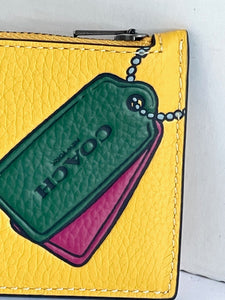 Coach Wallet Mens Yellow Card Case Leather Slim Zip Trompe L'oeil Print CH130