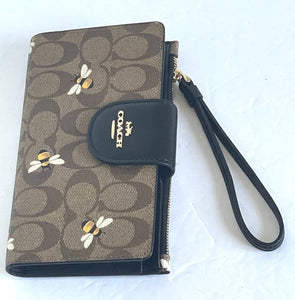 Coach Wallet Tech Wristlet Bee Signature Canvas Womens Leather Brown C8676