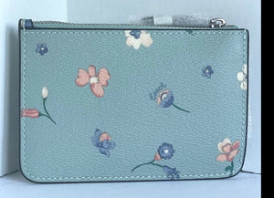 Coach Wallet Womens Blue Mini Zip Keyring Floral Leather Coated Canvas CI672G