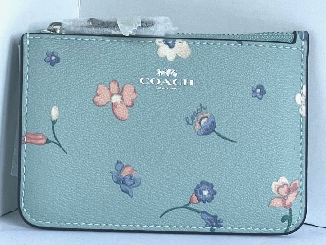 Coach Wallet Womens Blue Mini Zip Keyring Floral Leather Coated Canvas CI672G