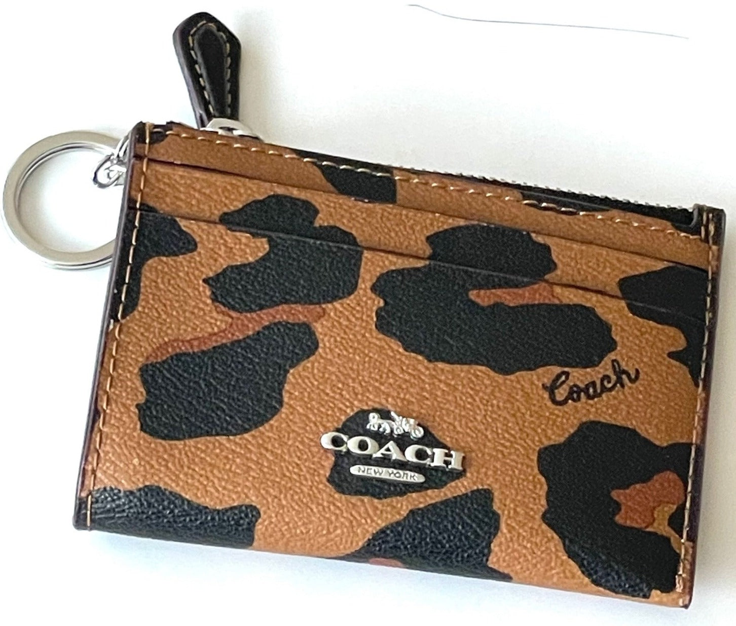 Coach Mini ID Wallet Womens Brown Leopard Keyring Coated Canvas Leather