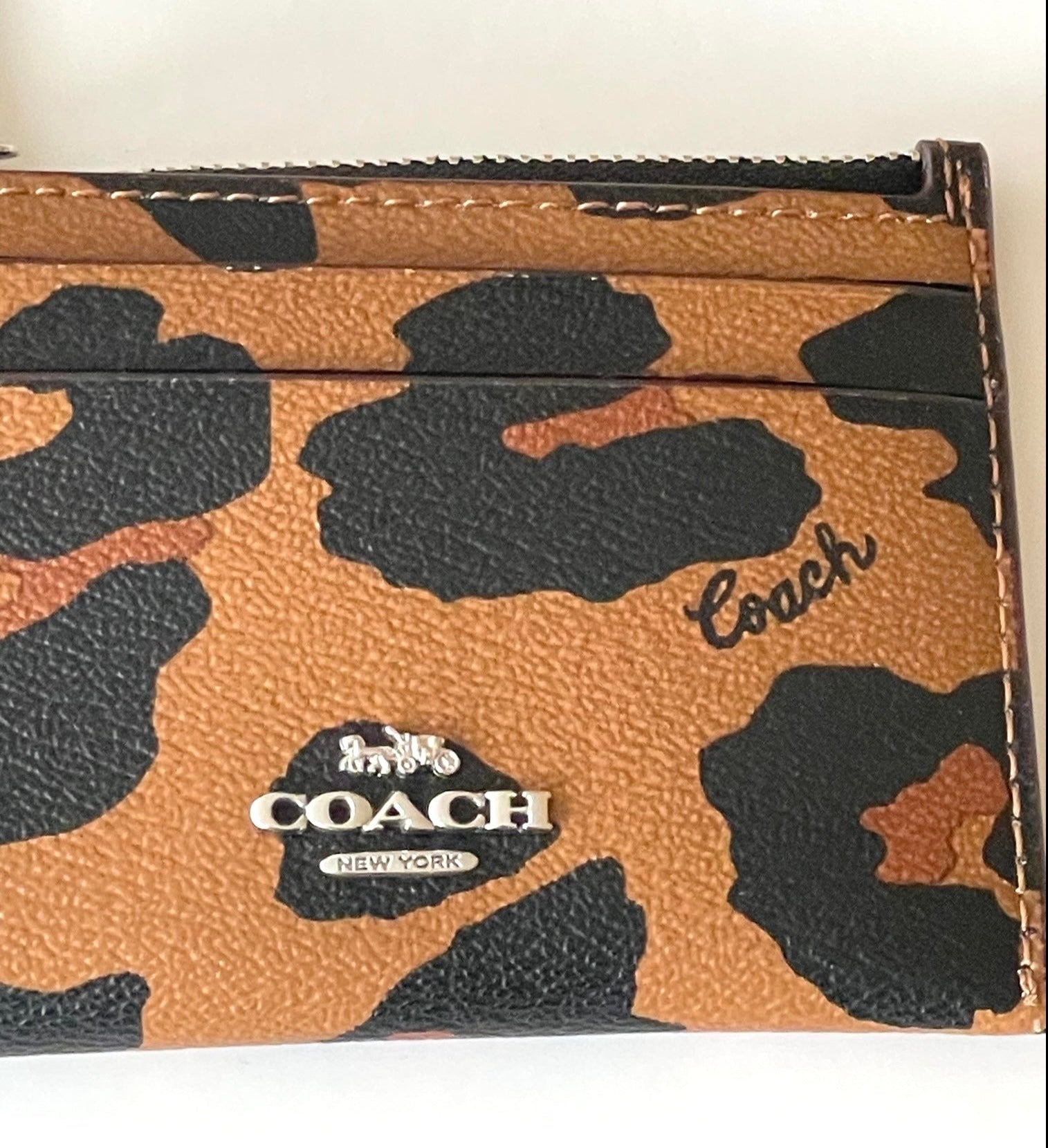 Coach Mini ID Wallet Womens Brown Leopard Keyring Coated Canvas