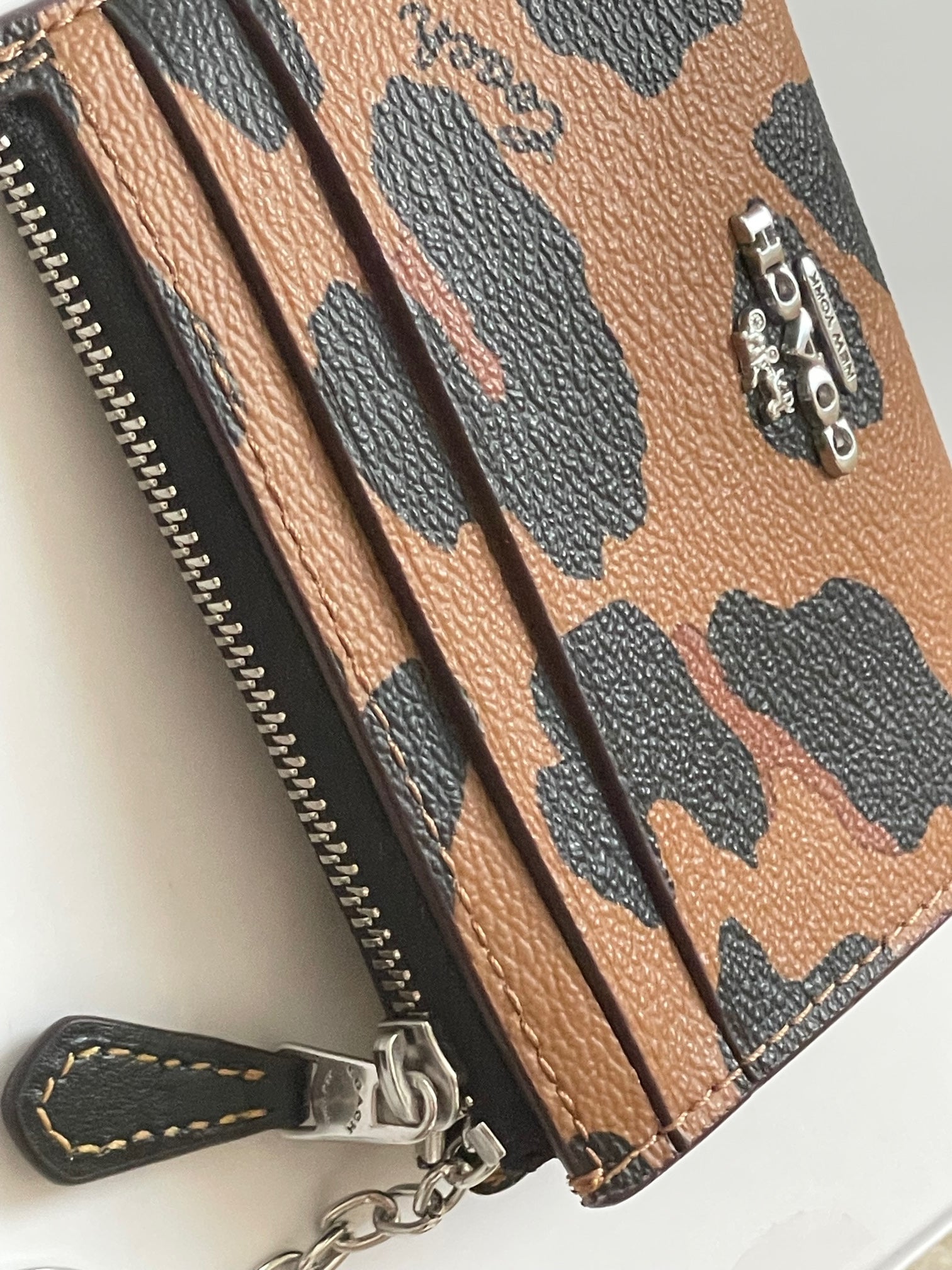 Coach Mini ID Wallet Womens Brown Leopard Keyring Coated Canvas