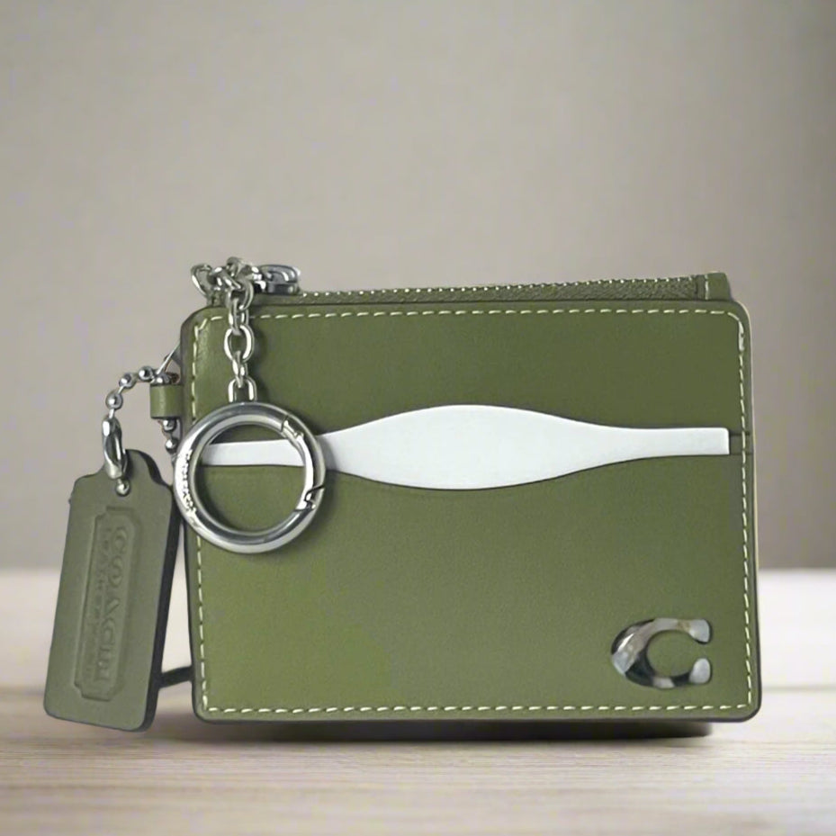 Coach Wavy Zip Card Case Wallet Coachtopia Olive Green Leather Key