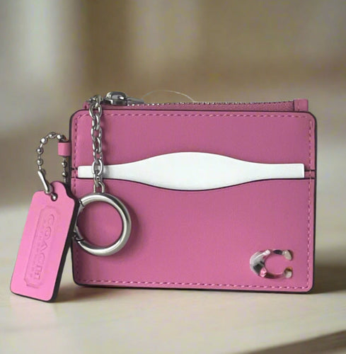 Coach Wavy Zip Card Case Wallet Coachtopia Pink Leather Key Ring CBM04