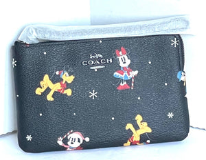 Coach X Disney Corner Zip Wristlet Holiday Black Minnie Mickey Daffy Pluto CN031