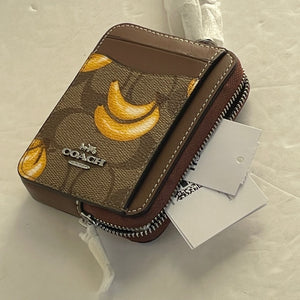 Coach Zip Card Case Banana CR833 ID Wallet Brown Canvas Leather Chain Strap