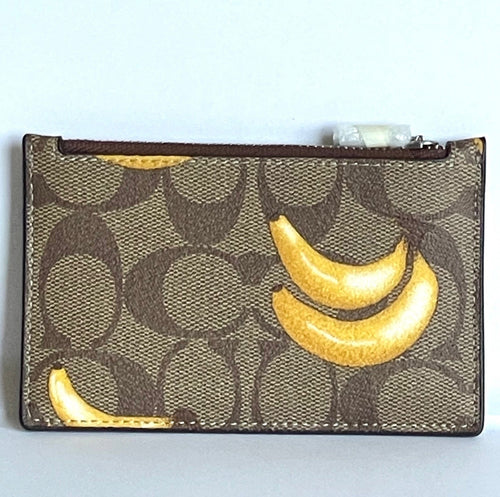 Coach Zip Card Case CR410 Signature Canvas Banana Print Leather Brown Wallet
