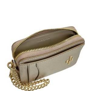 Coach Zip Card Case CW890 ID Wallet Champagne Gold Leather Chain Strap