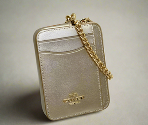 Coach Zip Card Case CW890 ID Wallet Champagne Gold Leather Chain Strap