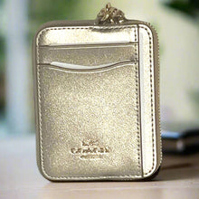 Load image into Gallery viewer, Coach Zip Card Case CW890 ID Wallet Champagne Gold Leather Chain Strap