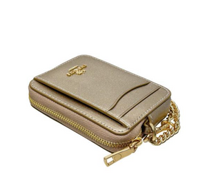 Coach Zip Card Case CW890 ID Wallet Champagne Gold Leather Chain Strap