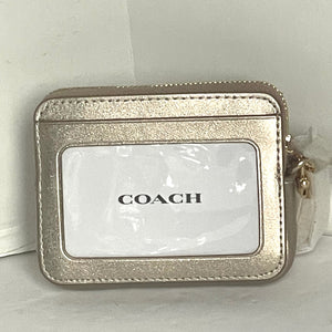 Coach Zip Card Case CW890 ID Wallet Champagne Gold Leather Chain Strap